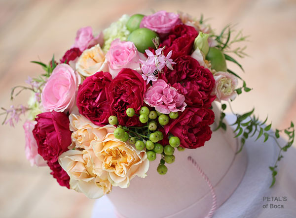 Garden Roses Arranged in Hat Box for Delivery